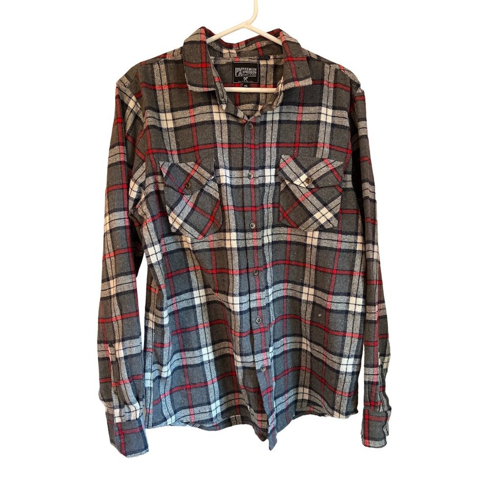 Premium Xpressions XL Gray and Red Plaid Flannel Button Down